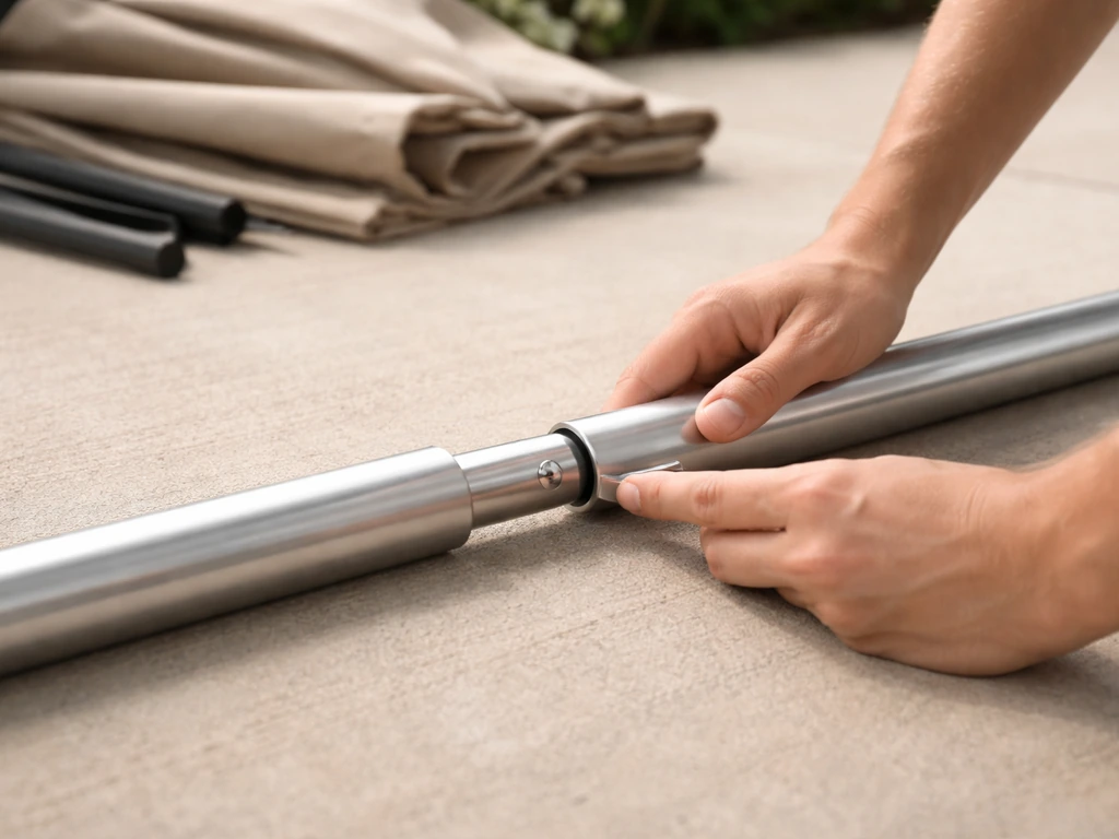 Hands assembling a market umbrella pole from two sections on the ground, aligning pin and snap button.