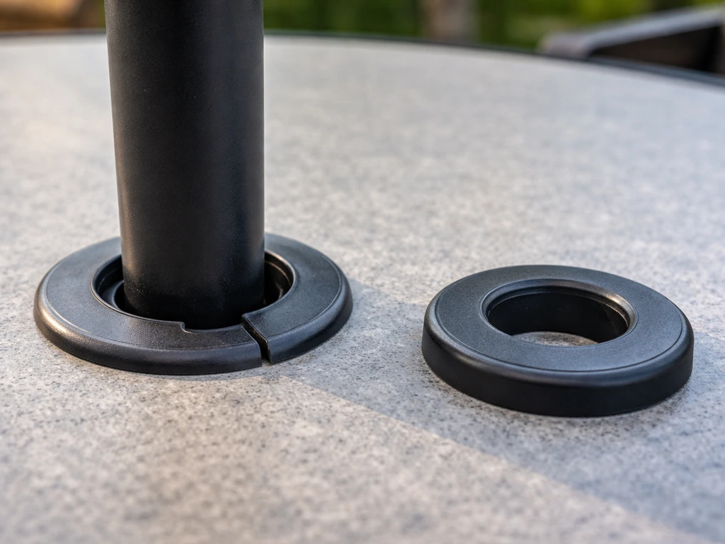 Close-up of a patio umbrella pole wobbling in its base hole with an adjustable base seated unevenly.