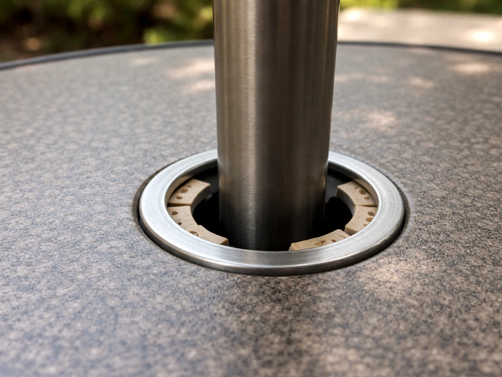 Patio table hole with a hole ring insert and marine-grade shim material for a snug pole fit