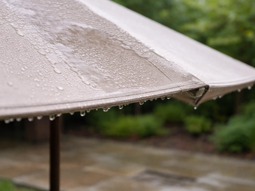 Close-up of a patio umbrella canopy with wet soak spots and surrounding water-beading areas