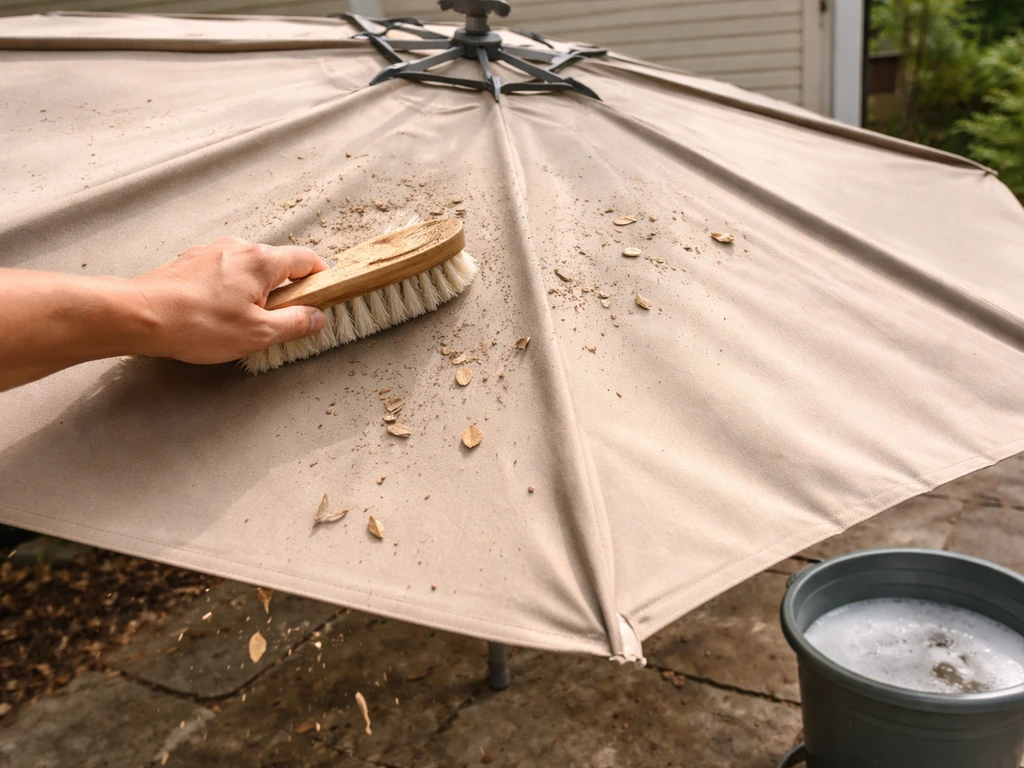 Soft-bristle brush cleaning a fully opened outdoor umbrella canopy with small debris falling away.