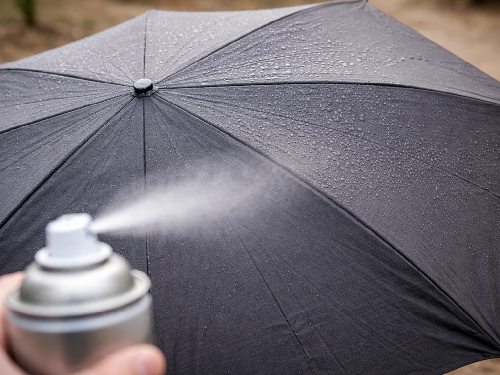 Spray can in foreground misting a closed main canopy panel with an even waterproofing coat outdoors.