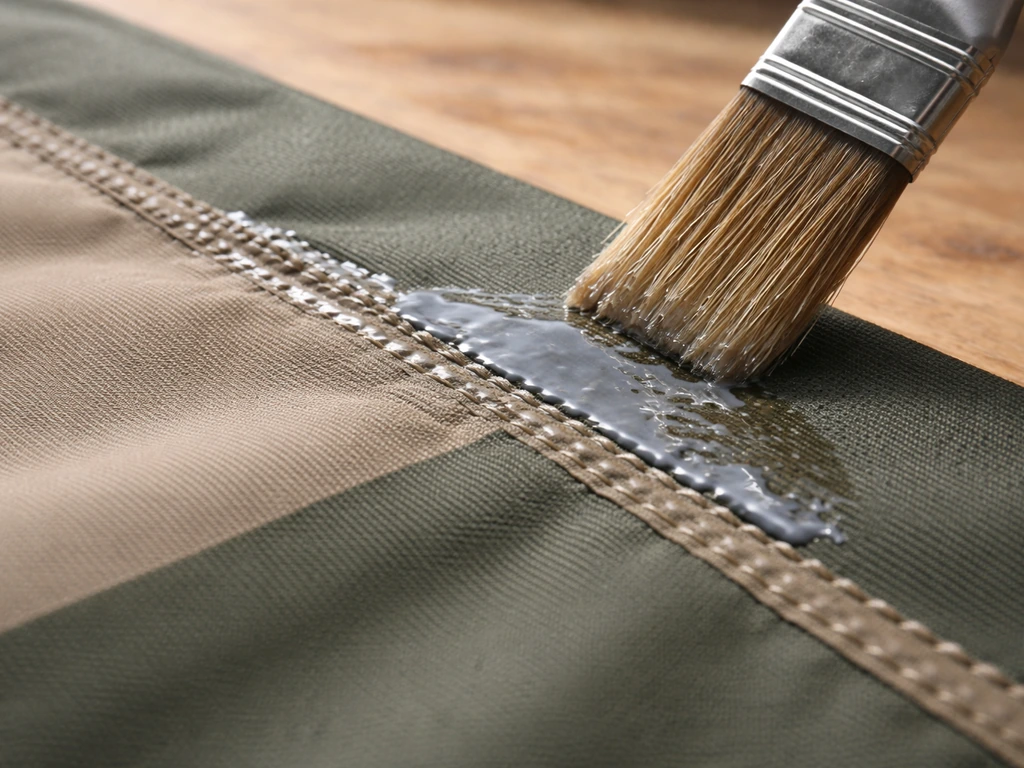 Close-up of a fabric seam with tiny needle holes as waterproof coating is brushed along the stitching line.