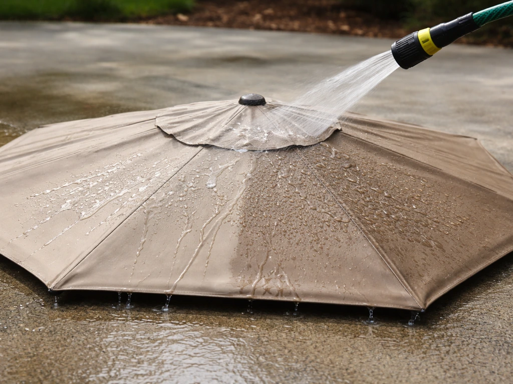 Garden hose sprays a closed umbrella canopy; droplets bead on fabric while other areas start to soak.