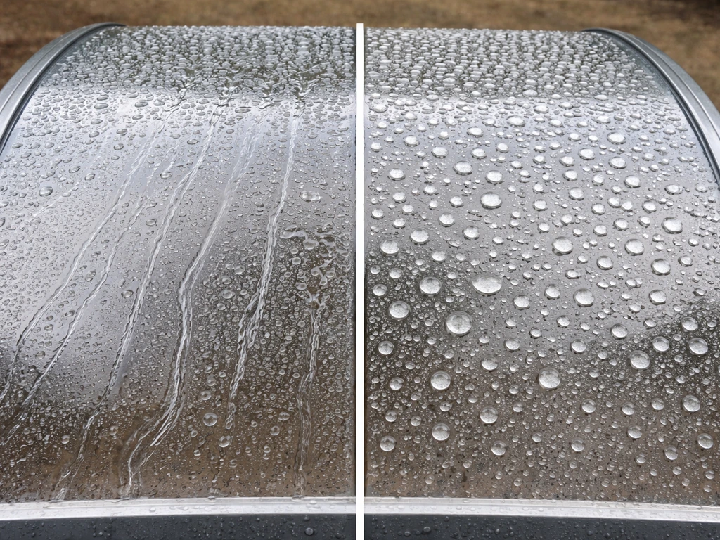Close-up of a canopy showing water beading on one side and streaking on the other after spraying.