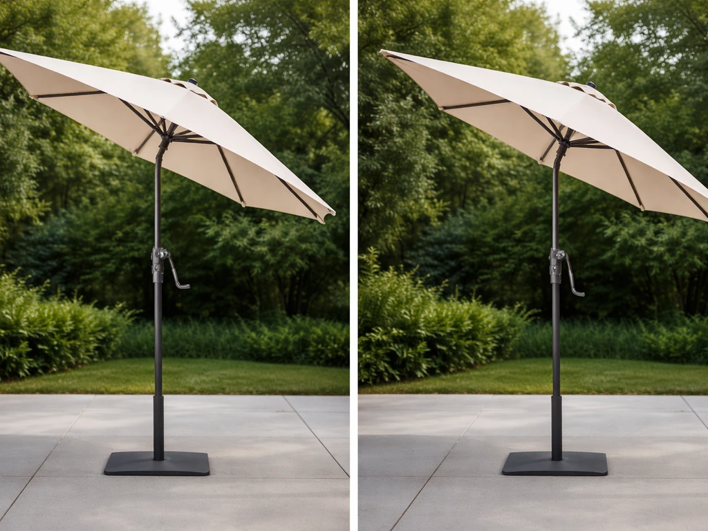 Two patio umbrellas side by side showing different crank-driven auto tilt vs manual tilt canopy angles.