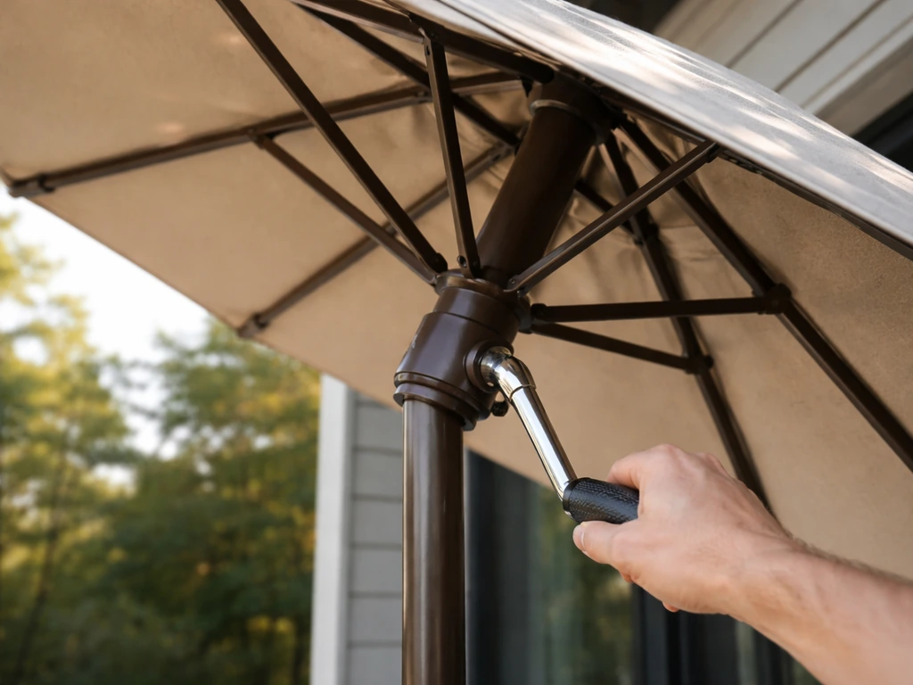 Close-up of an outdoor umbrella crank being turned as the canopy tilts and ribs move