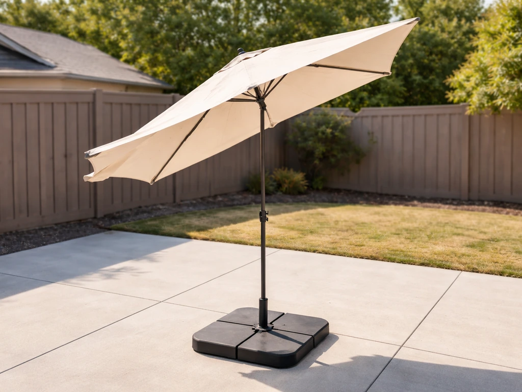 Patio umbrella tilted like a sail in gusty wind with a weighted base anchored on a clean patio