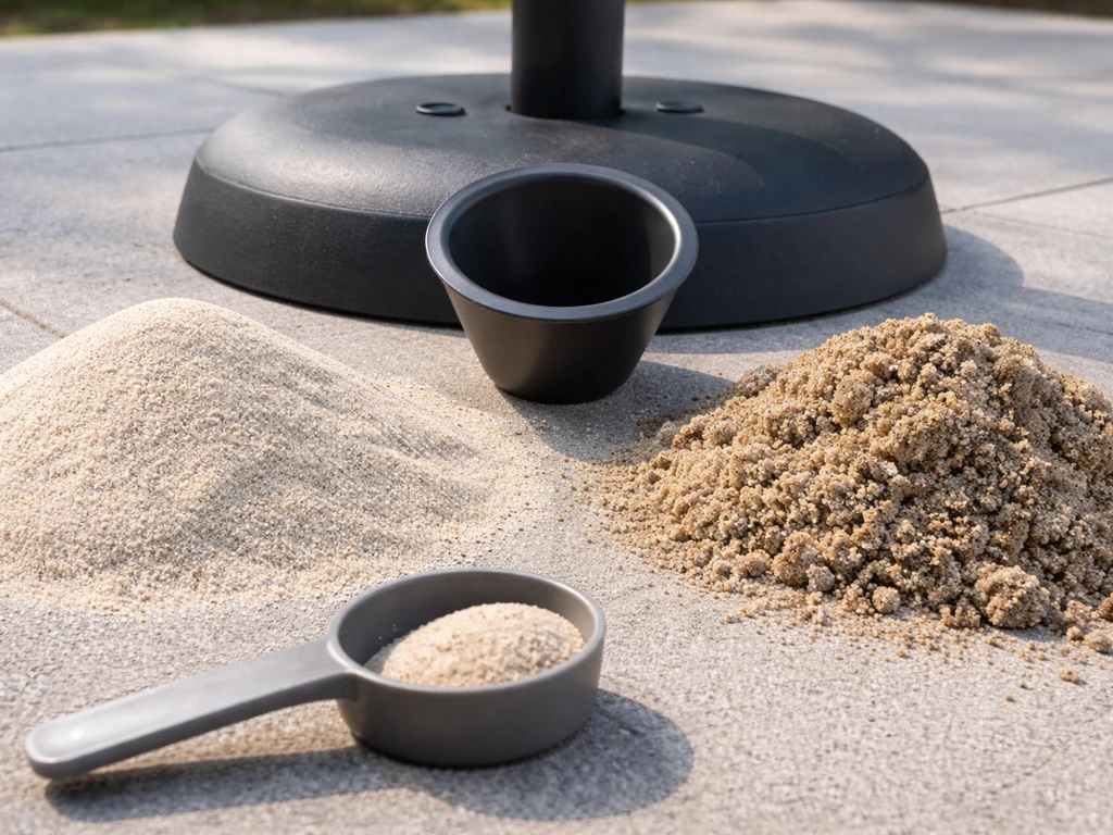 Two small piles of dry fine play sand and coarser damp sand beside a patio umbrella base opening.