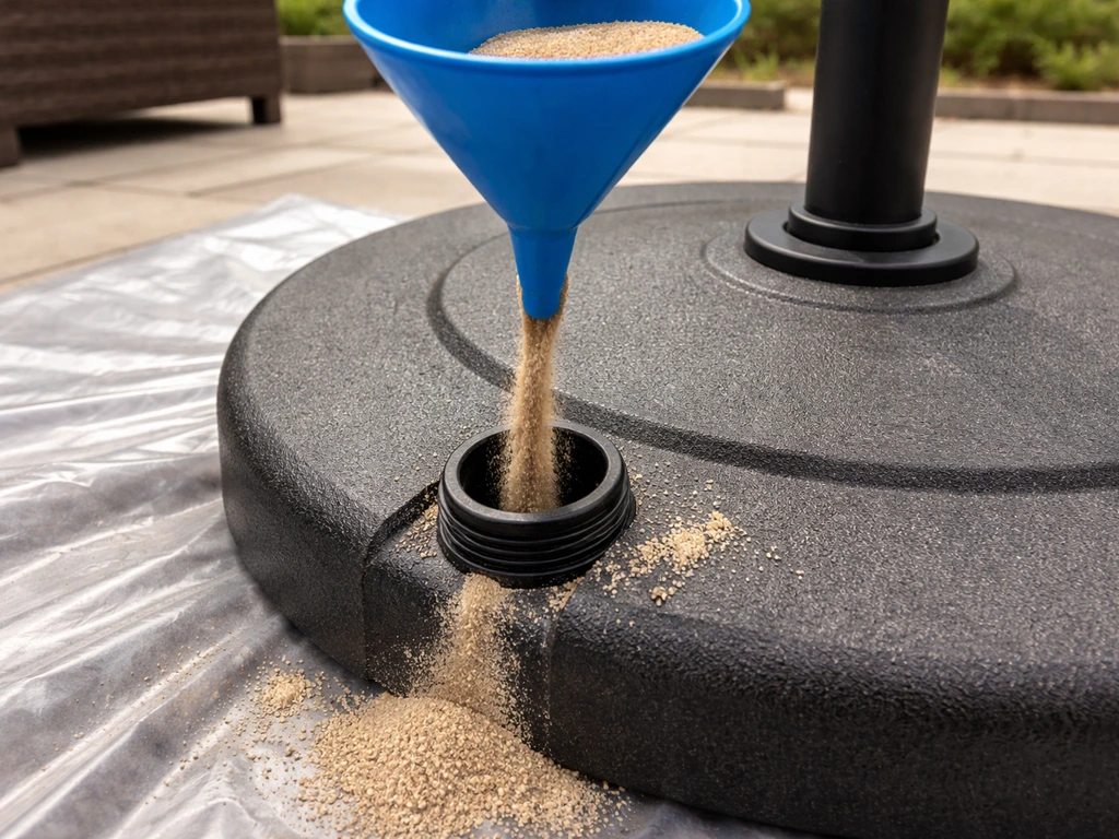 Dry sand flowing from a funnel into a patio umbrella base fill opening on a drop cloth.