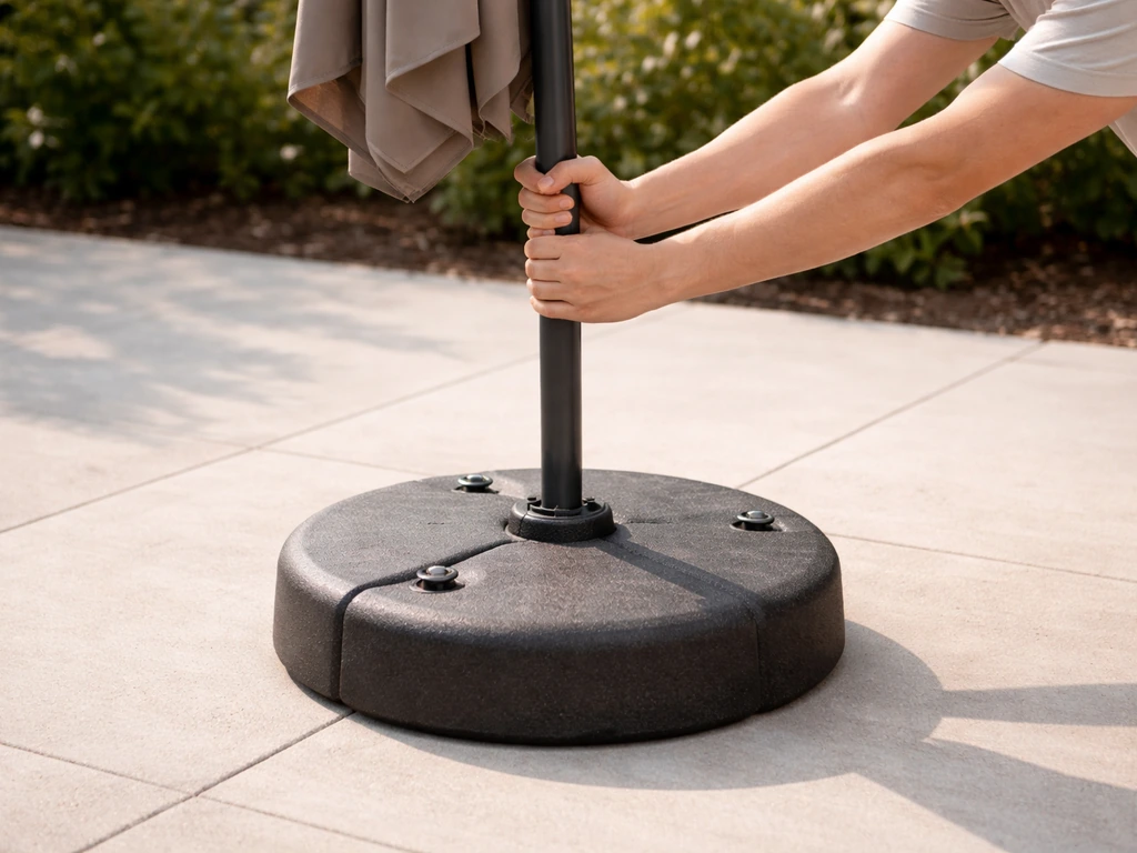 Close-up of an umbrella pole being pushed firmly from the side; closed umbrella shows minimal wobble