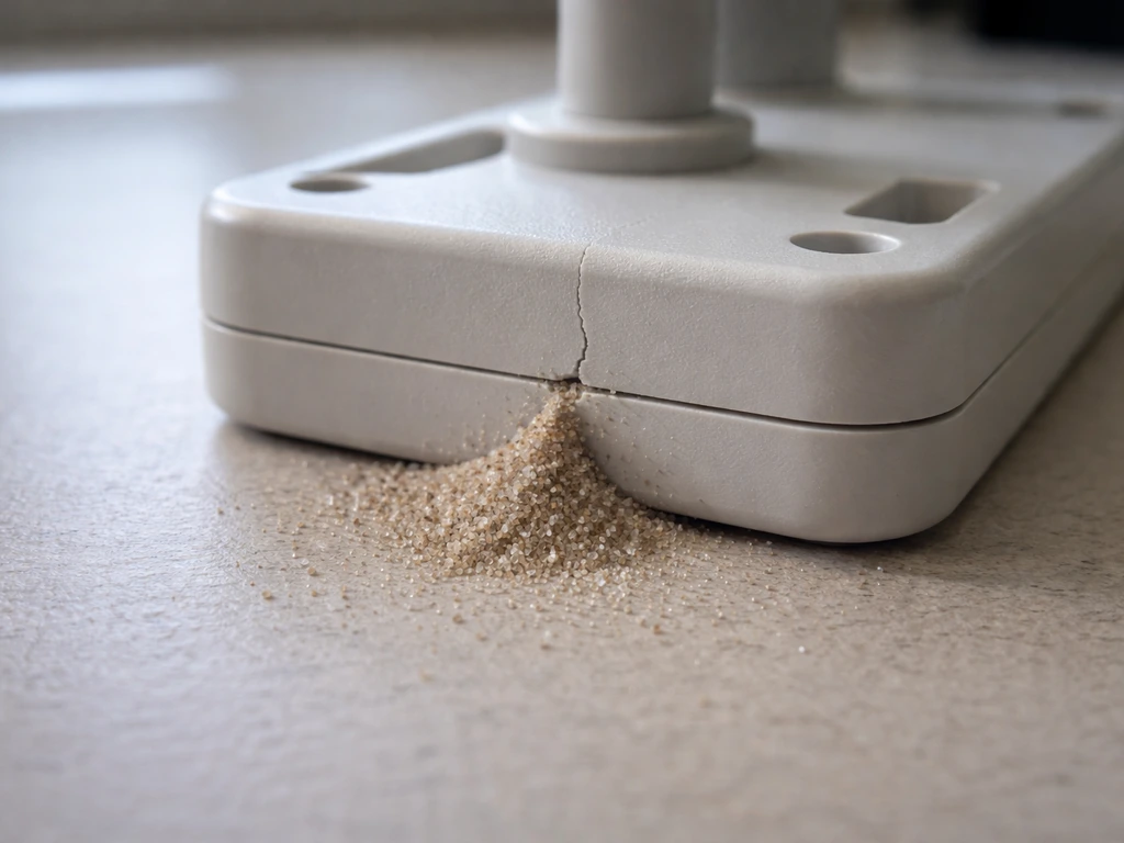 Close-up of a plastic base seam with sand trickling from a hairline crack