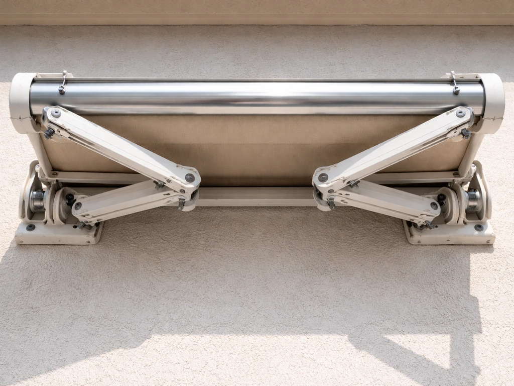 Ground-level view of an awning partially extended, showing misaligned arms, brackets, and roller tube.