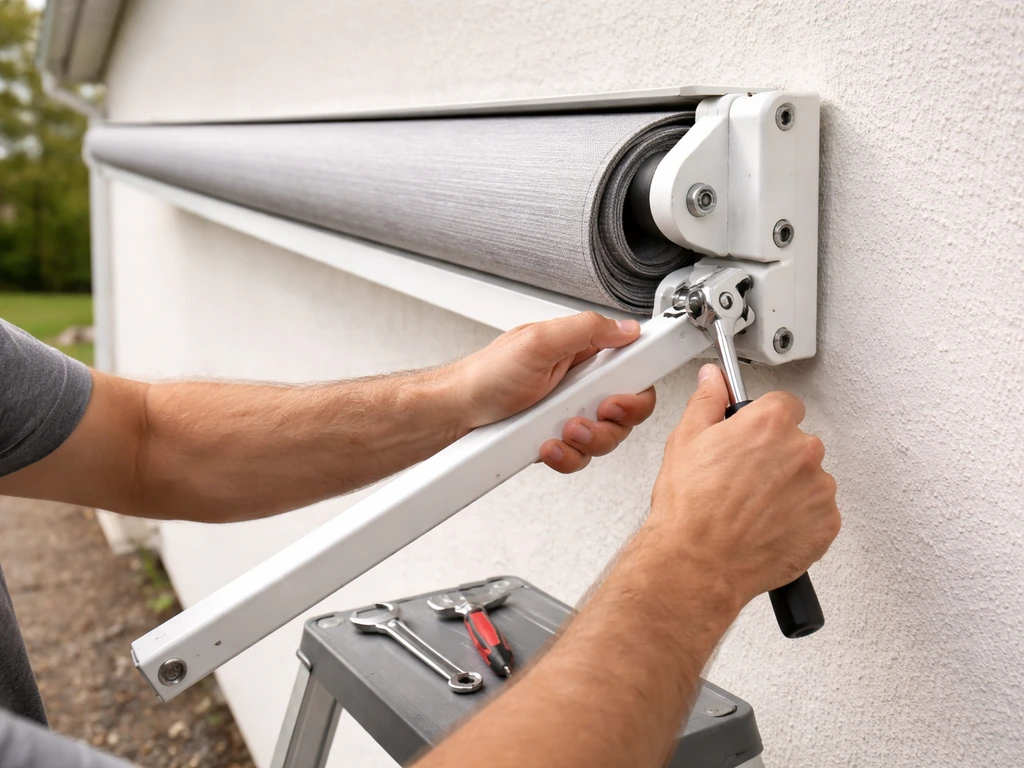 Fully retracted awning with an even bracket and arm adjustment on a sloped exterior wall