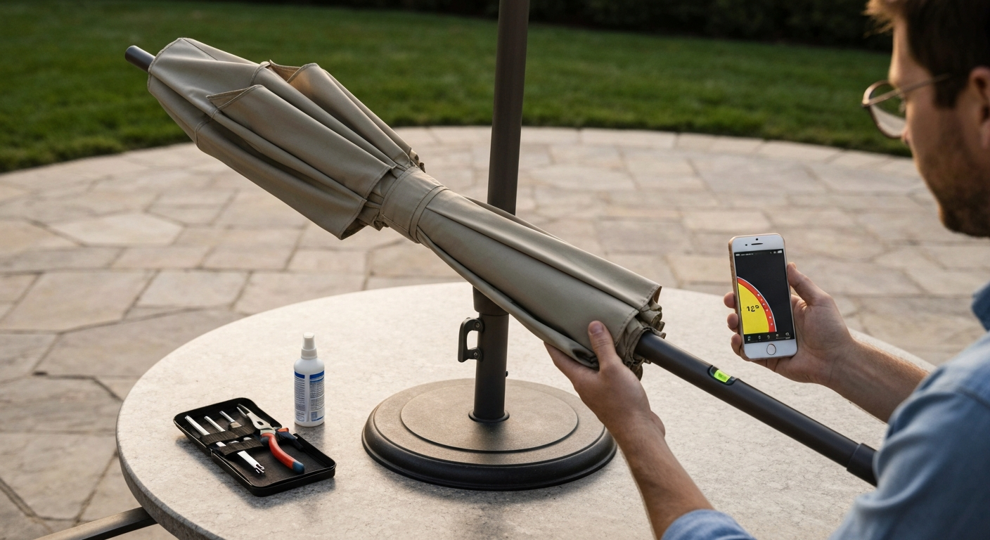 Homeowner measuring a slightly leaning patio umbrella with a smartphone level, with tools on a nearby table.