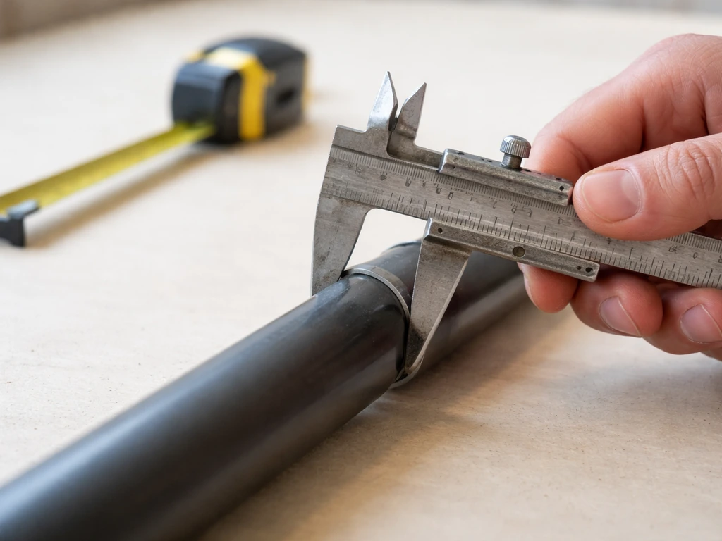 Close-up of hands using calipers and a tape measure to measure an umbrella pole’s diameter