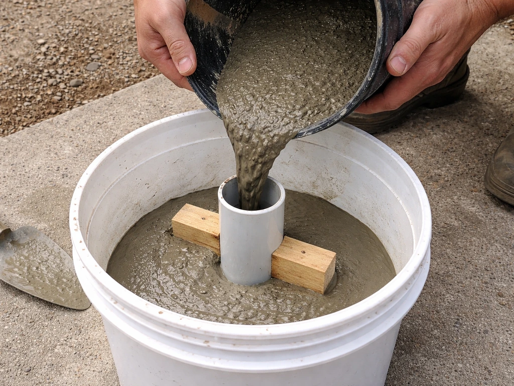 Hands pouring wet concrete into a bucket mold while a PVC pipe sleeve stays centered and upright.