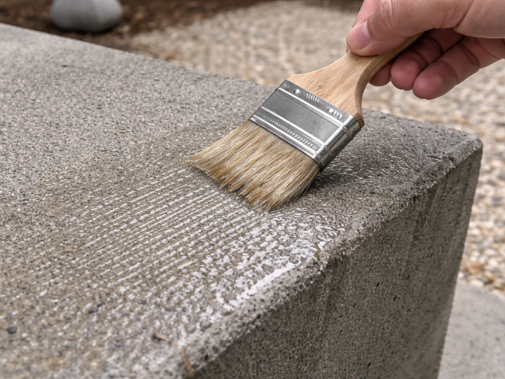 Close-up of an anonymous person brushing concrete sealer onto a weatherproofing stand outdoors