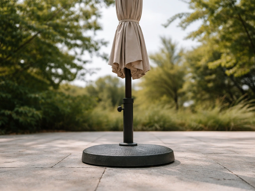 Closed umbrella on a securely planted stand outdoors, showing stability in light wind.