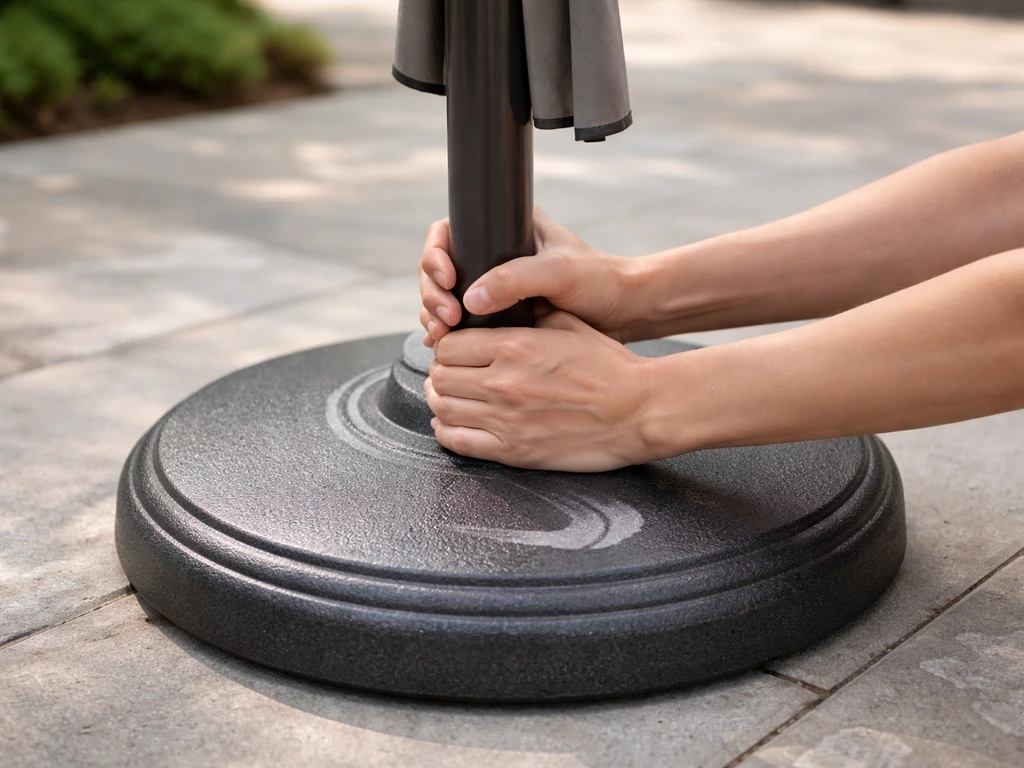 Anonymous hands gently rocking a closed umbrella pole near the base to locate the wobble source.