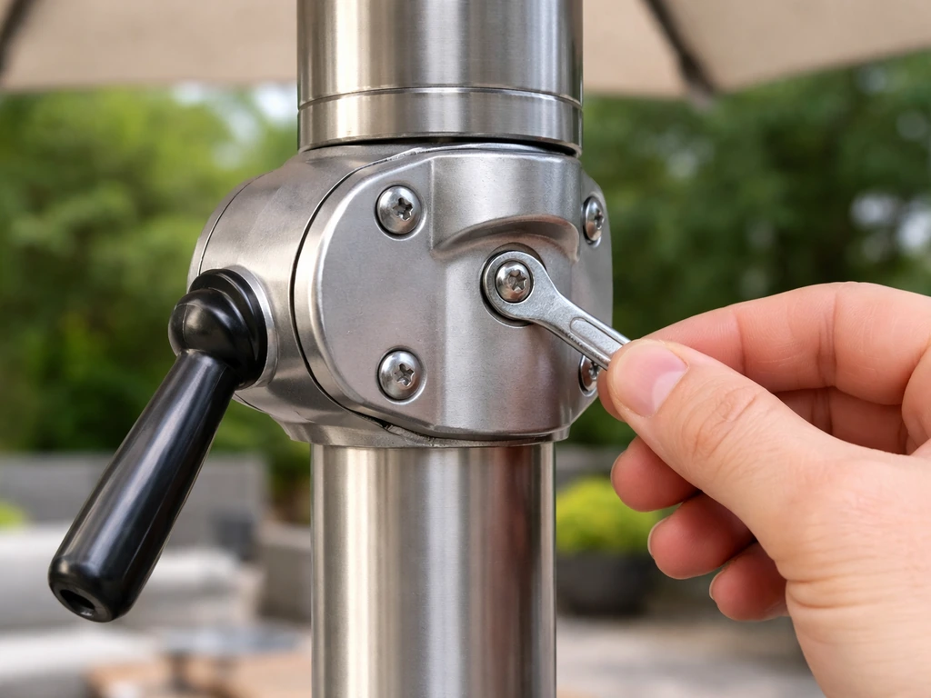 Close-up of patio umbrella crank housing at the pole with a hand checking for looseness