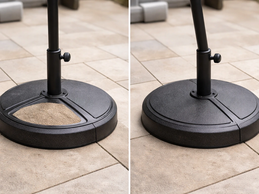 Two patio umbrella bases side-by-side, one weighted and stable, the other lighter and tilted slightly.