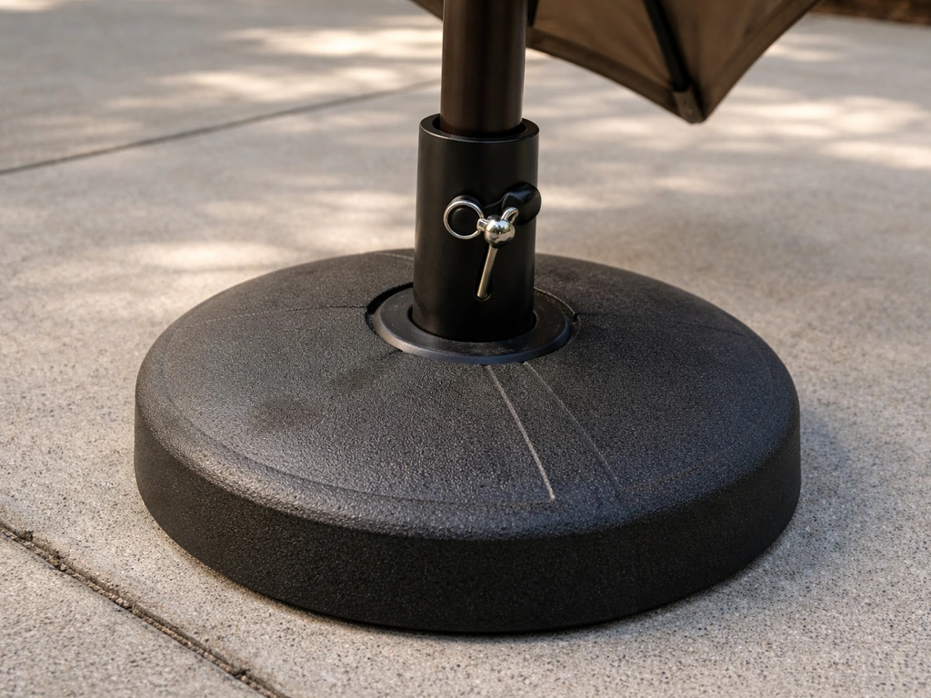 Umbrella pole locked in the base with the canopy slightly tilted, showing a firm held connection.