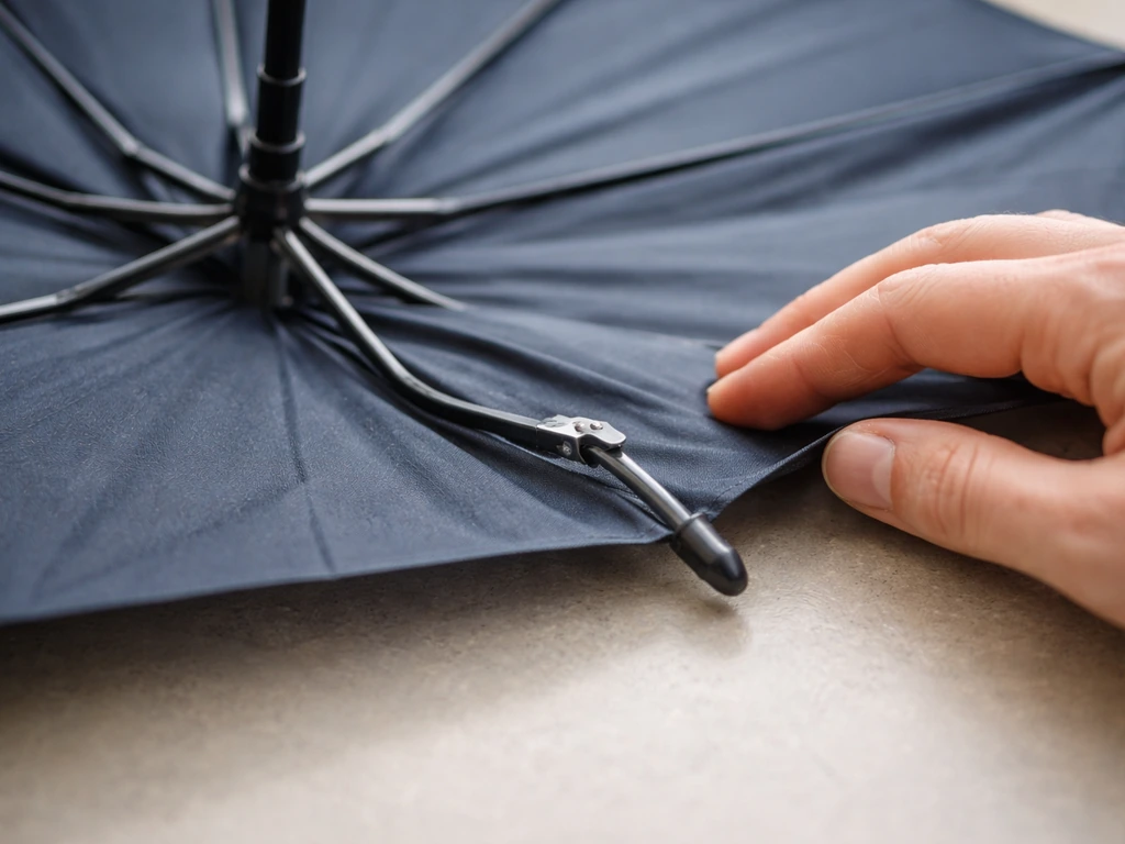 Close-up inspection of an umbrella canopy rib with visible bend, with a hand safety check.