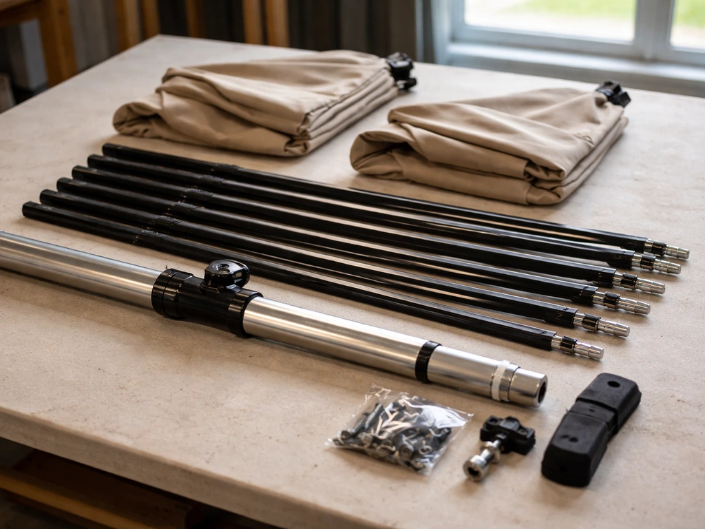 Patio umbrella components laid out on a table: canopy sections, ribs, pole, and hardware for inspection.
