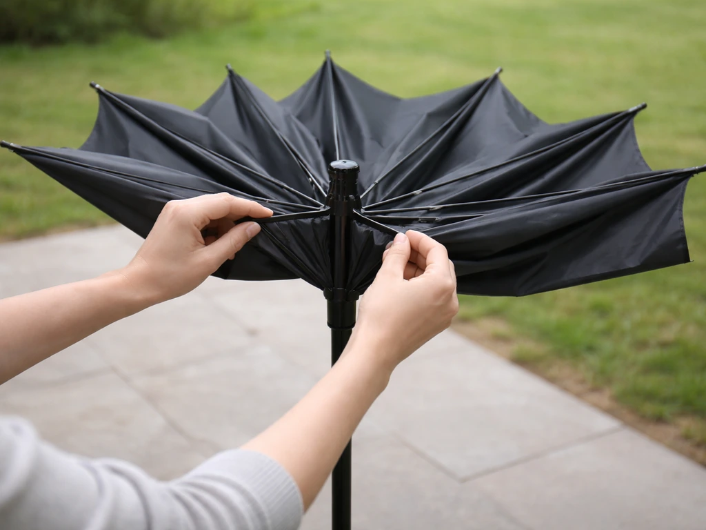 Person holding an umbrella upright while gently fanning the ribs outward to open the canopy