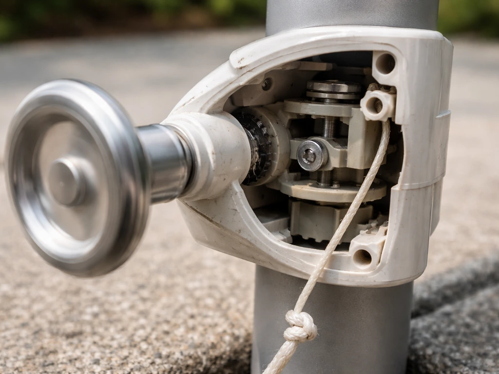 Close-up of an umbrella crank housing with the handle spinning freely; canopy lift isn’t engaged.