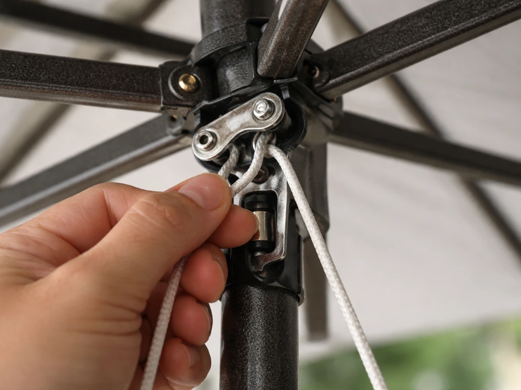 Close-up of a hand routing a cord-lift umbrella lift cord through a pulley system, showing tension.