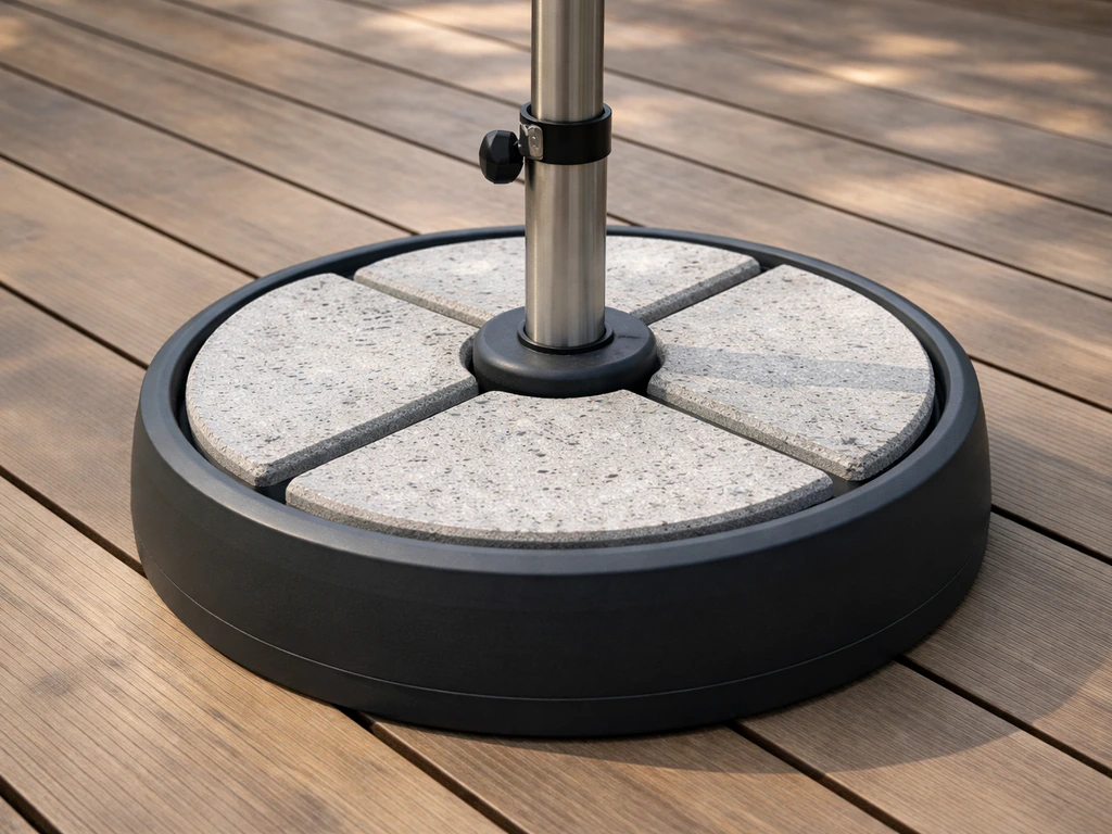 Close-up of a heavy patio umbrella base on a wooden deck, showing concrete weights and stable post connection.