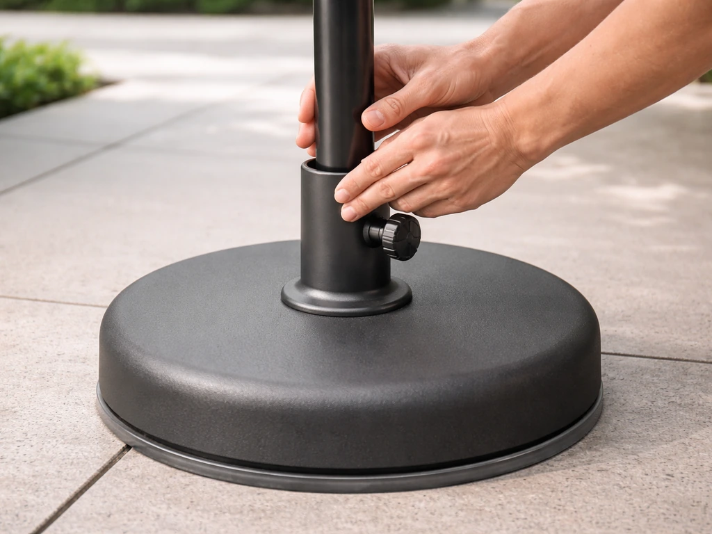 Close-up of an umbrella pole inserted into the stand sleeve with the collar and locking set screw engaged.