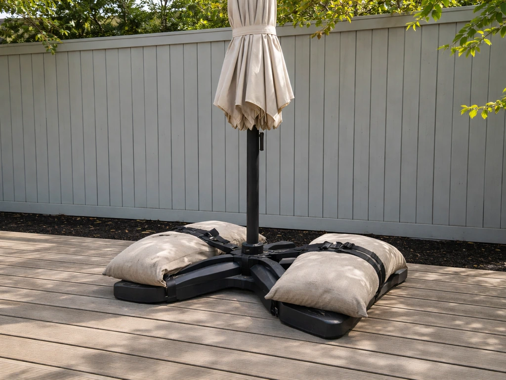 Patio umbrella secured with straps and weighted sandbags on legs, preventing gusts