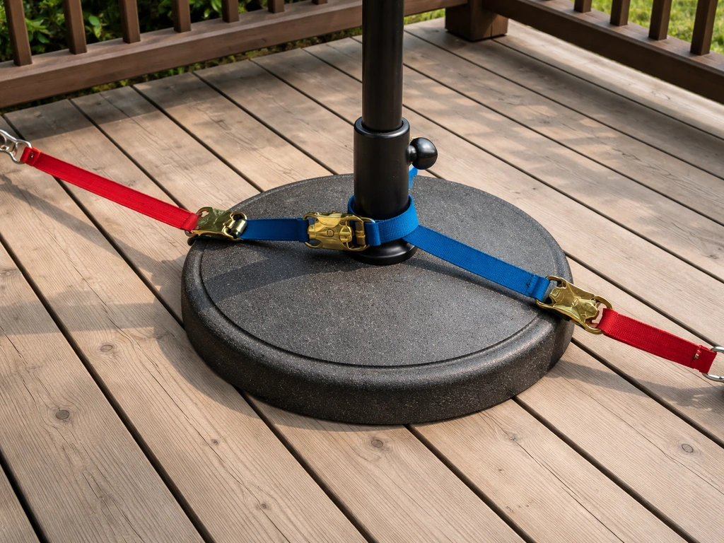 Umbrella stand on a wooden deck secured with taut ratchet straps to a fixed anchor on the railing