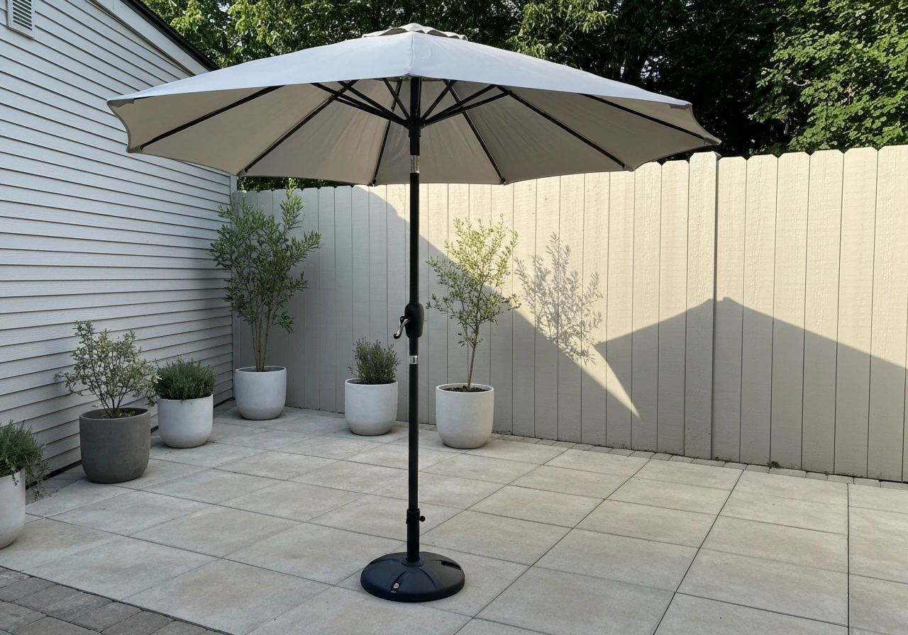 Open patio umbrella with visible crank/cord area in a quiet backyard patio setting.