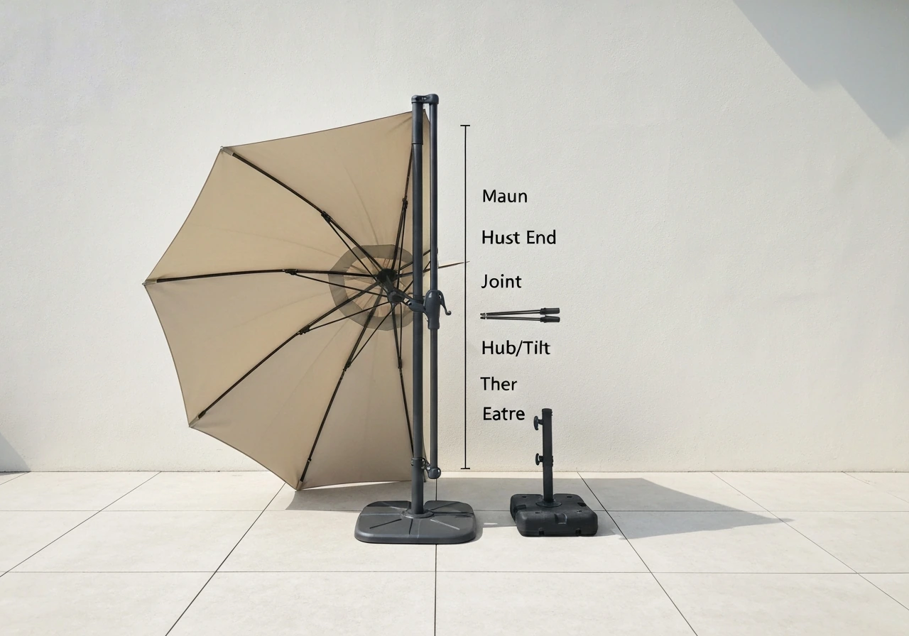Close-up of an East End style patio market umbrella showing pole sections, hub, ribs, and base components.