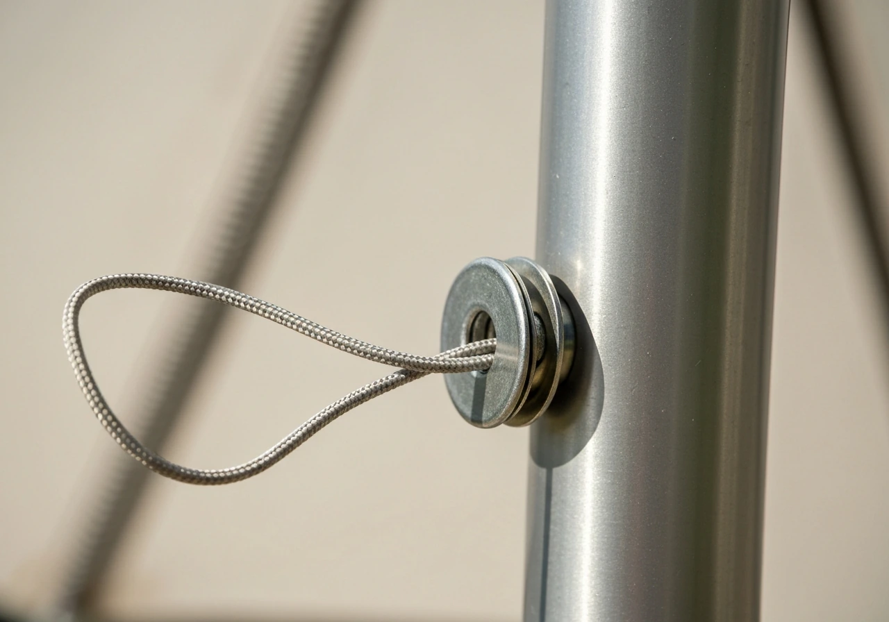 Close-up of an umbrella hub showing a pulley and looped pull-cord routing through it.