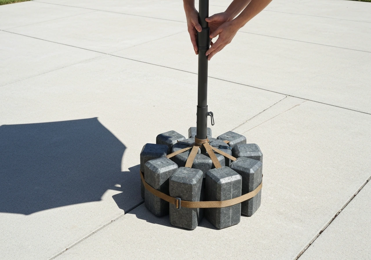 Close-up of an open market umbrella with a fully weighted base and secured anchoring on a patio.