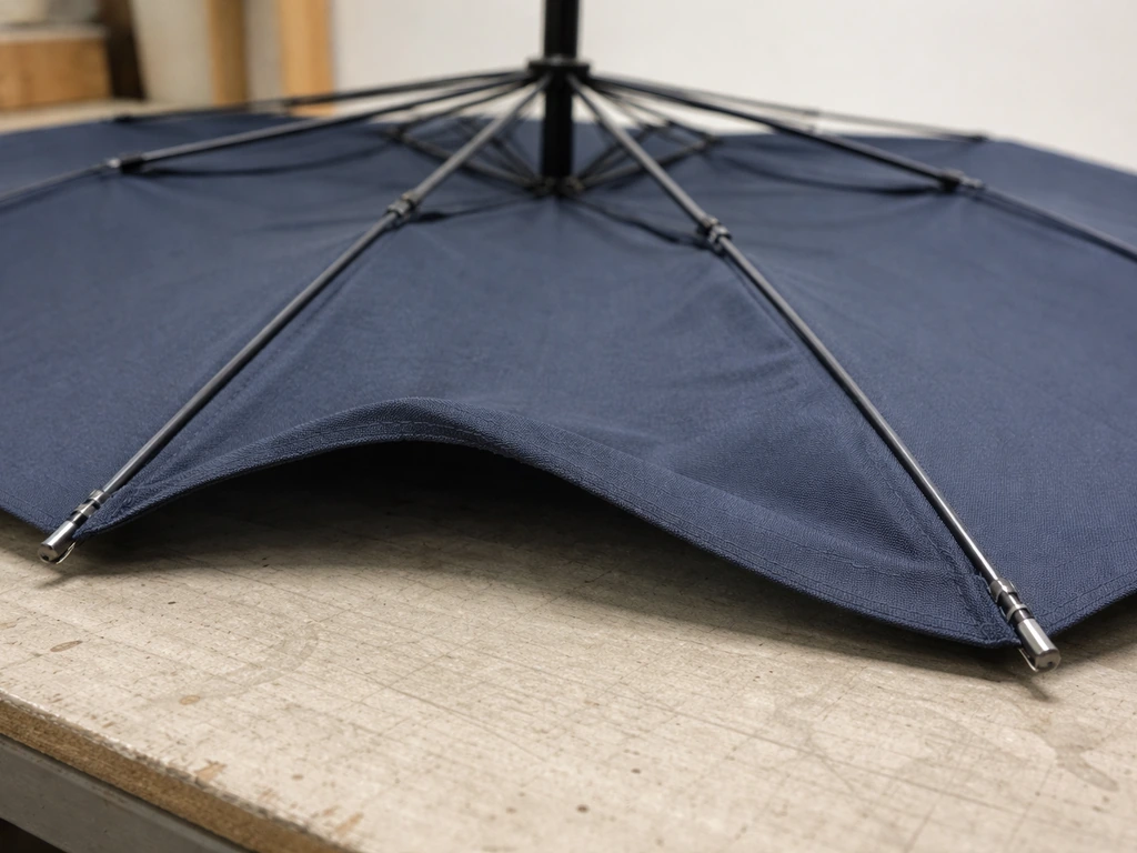 Close-up of an open umbrella showing one sagging rib next to intact neighboring ribs for comparison.