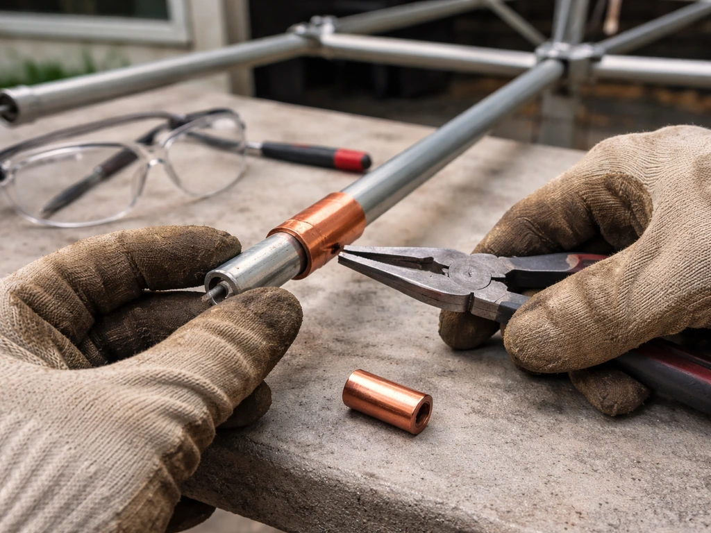 Gloved hands using needle-nose pliers to fit a copper sleeve splice around a snapped umbrella rib.