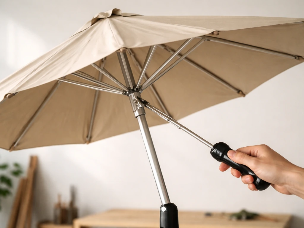 Umbrella mid-opening in workshop, one repaired rib aligned as tension stretches the frame.