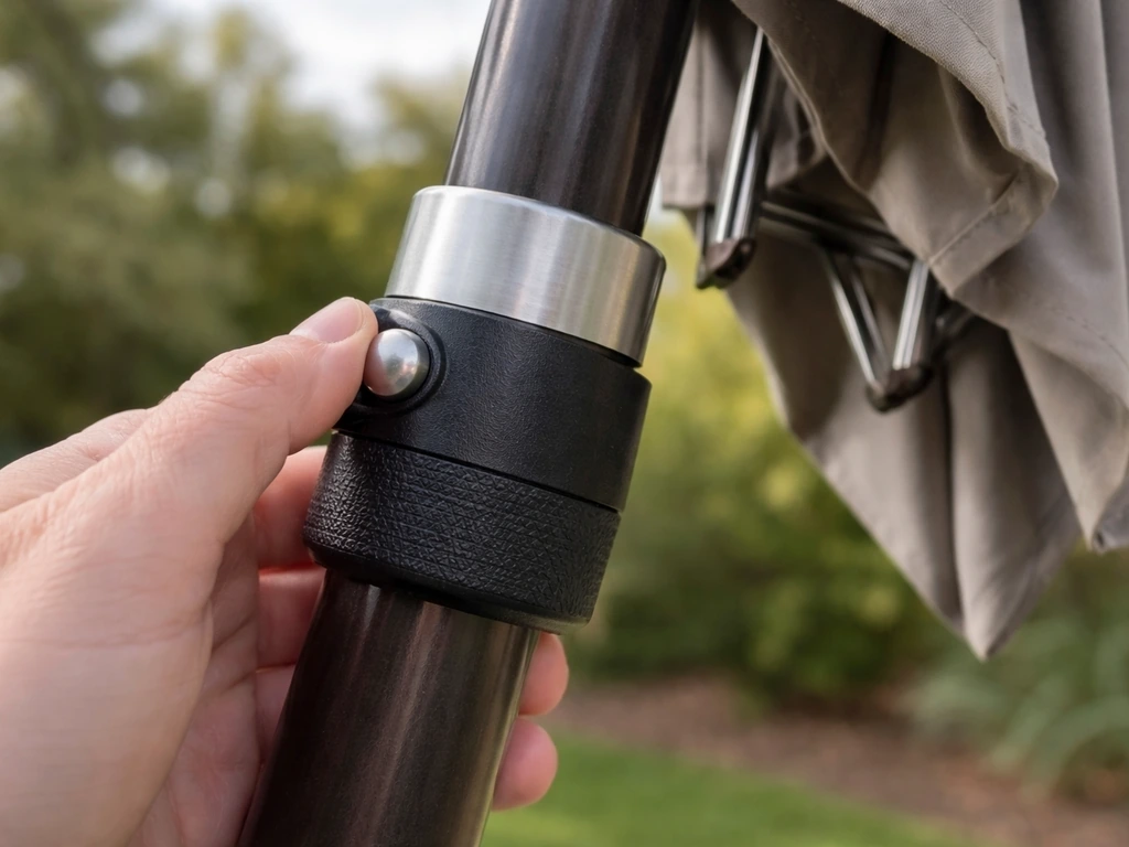 Hand pressing and repositioning a tilt collar on an outdoor umbrella pole, showing ribs freed to fold.