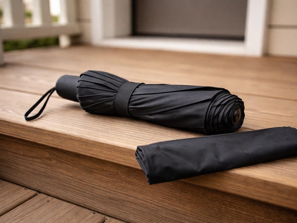 Folded umbrella on a porch with a wrapped strap fastened around the closed canopy