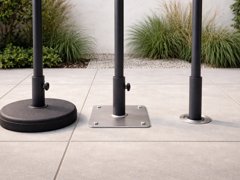 Close-up of three patio umbrella anchoring options: weighted base, bolt-down base, and in-ground sleeve.