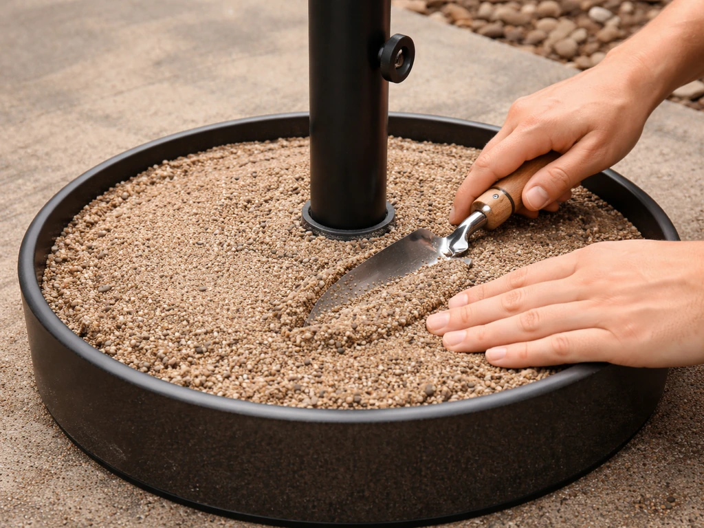Hands filling and leveling a nearly complete weighted umbrella base with sand/gravel, ready for the pole.