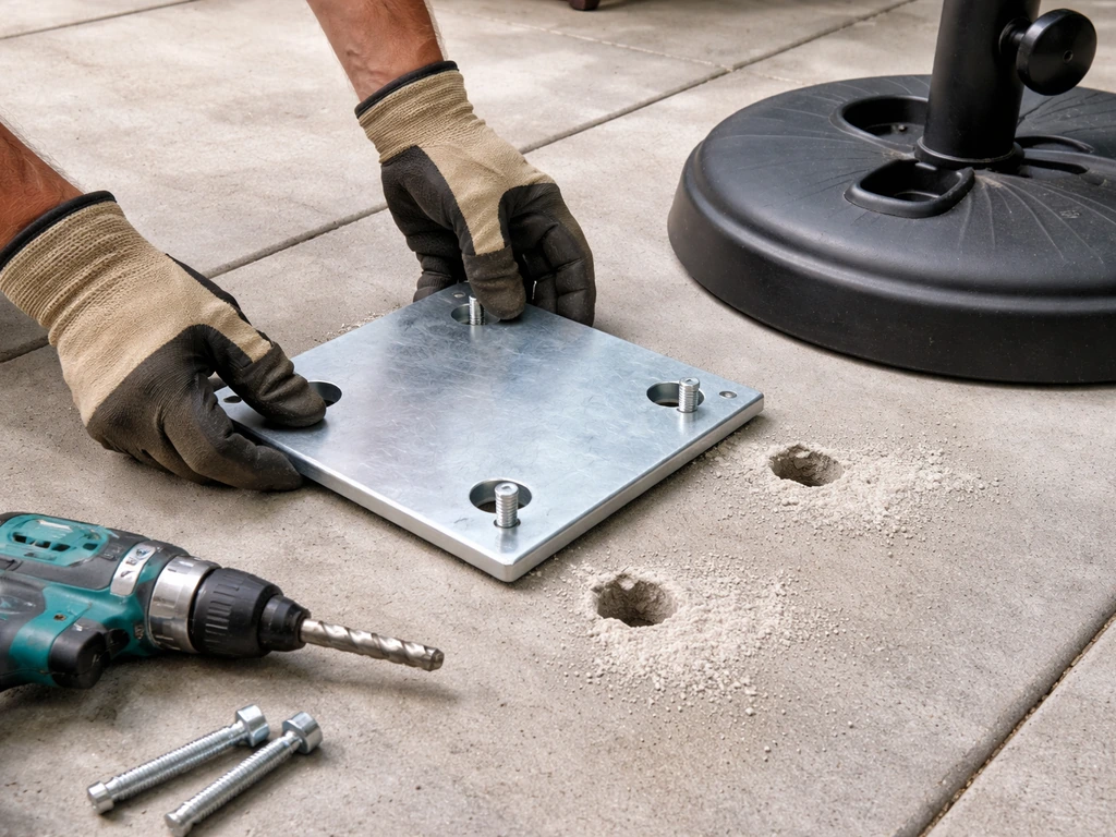 Gloved hands align and anchor a bolt-down base plate onto a concrete patio with drilled holes and wedge bolts.
