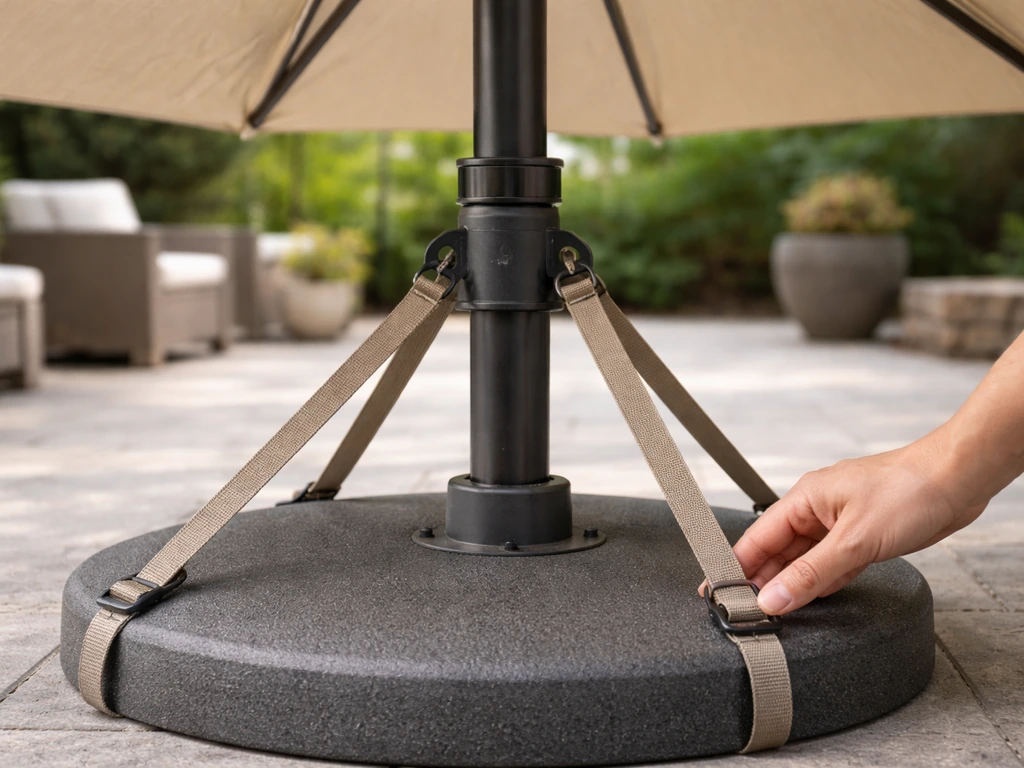 Close photo on patio showing an open umbrella pole and tie-down straps being checked for wobble.
