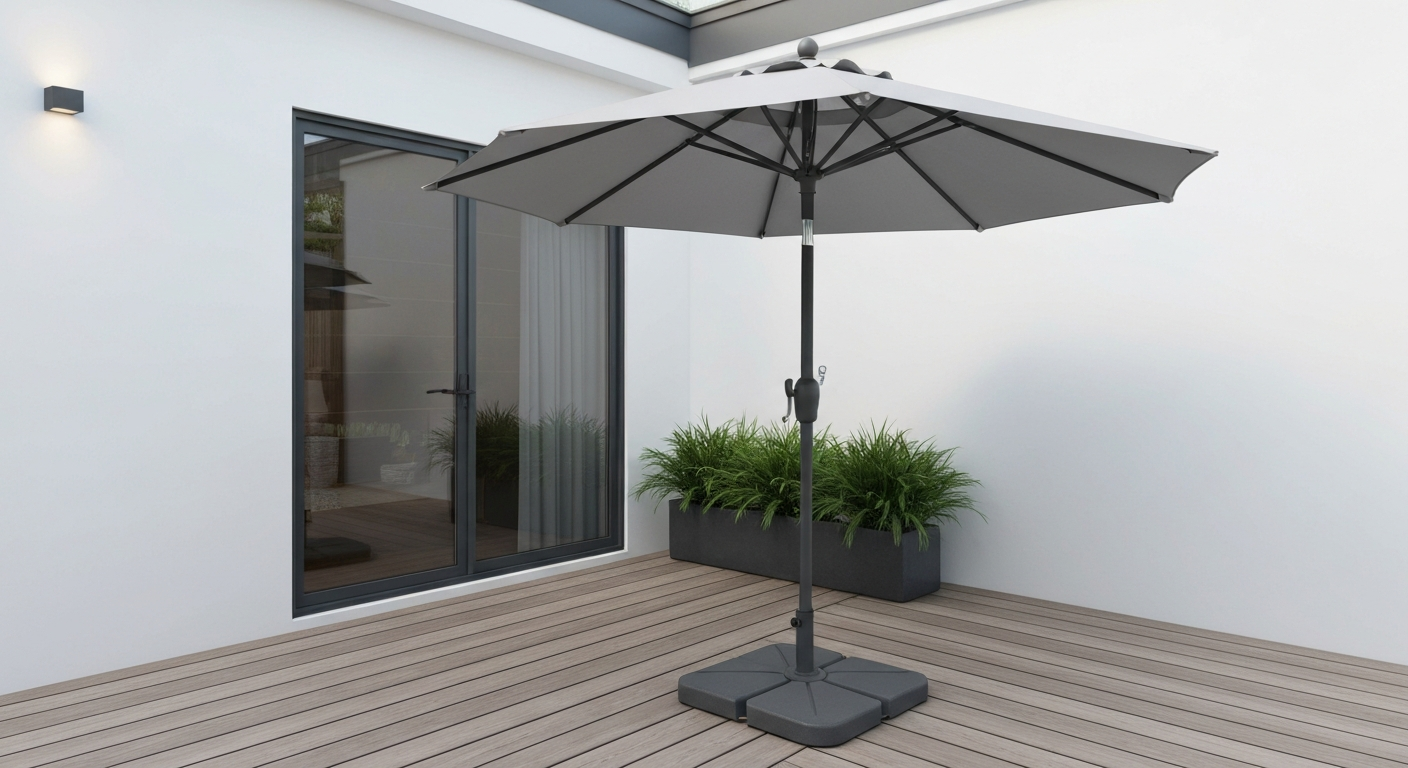 Fully assembled BluU center-pole patio umbrella on a wooden deck, showing crank, pole, canopy, and base.